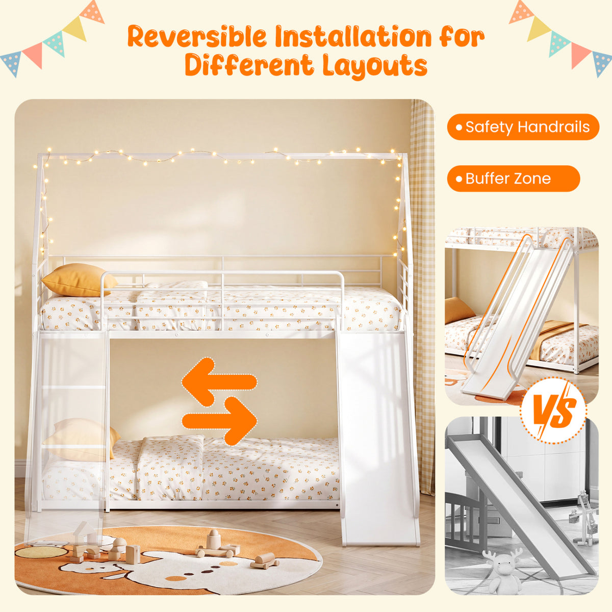 House-shaped Metal Twin Over Twin Low Bunk Bed-White