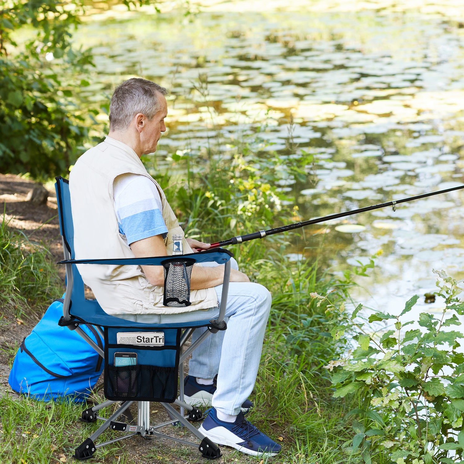 360 ° Swivel Hunting Chair Portable Foldable Hunting Chair with Mesh Cup Holder and Storage Pockets-Blue