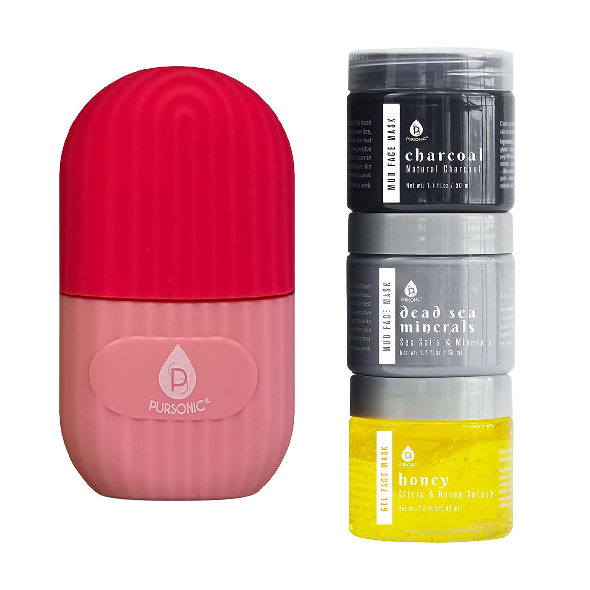 Ice Cube Facial Roller Massager &  3 Pack Facial Therapy Mud Face Mask Bundle by Pursonic