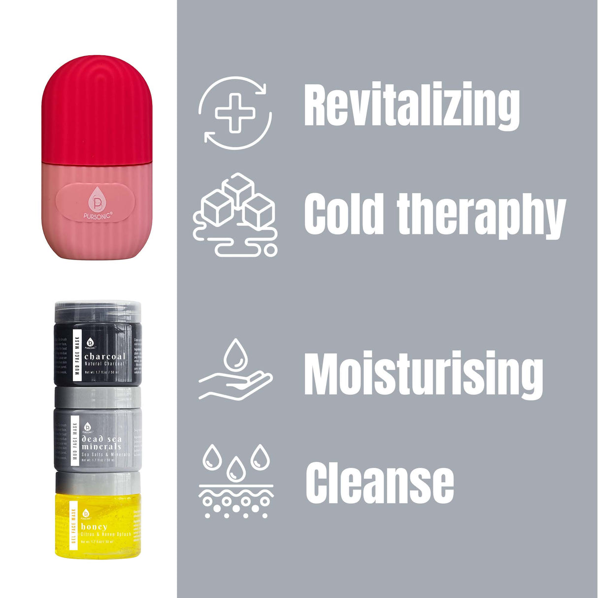 Ice Cube Facial Roller Massager &  3 Pack Facial Therapy Mud Face Mask Bundle by Pursonic