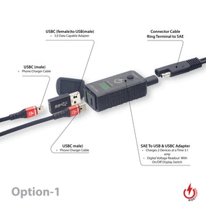 SAE to USBC & USB Adapters with Switched on off Digital Voltage Display by GloDea