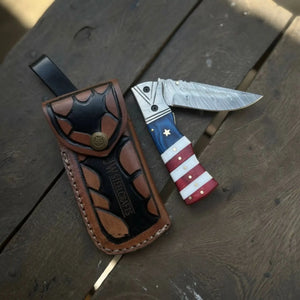 Damascus Folding Pocket Knife — American Flag Handle