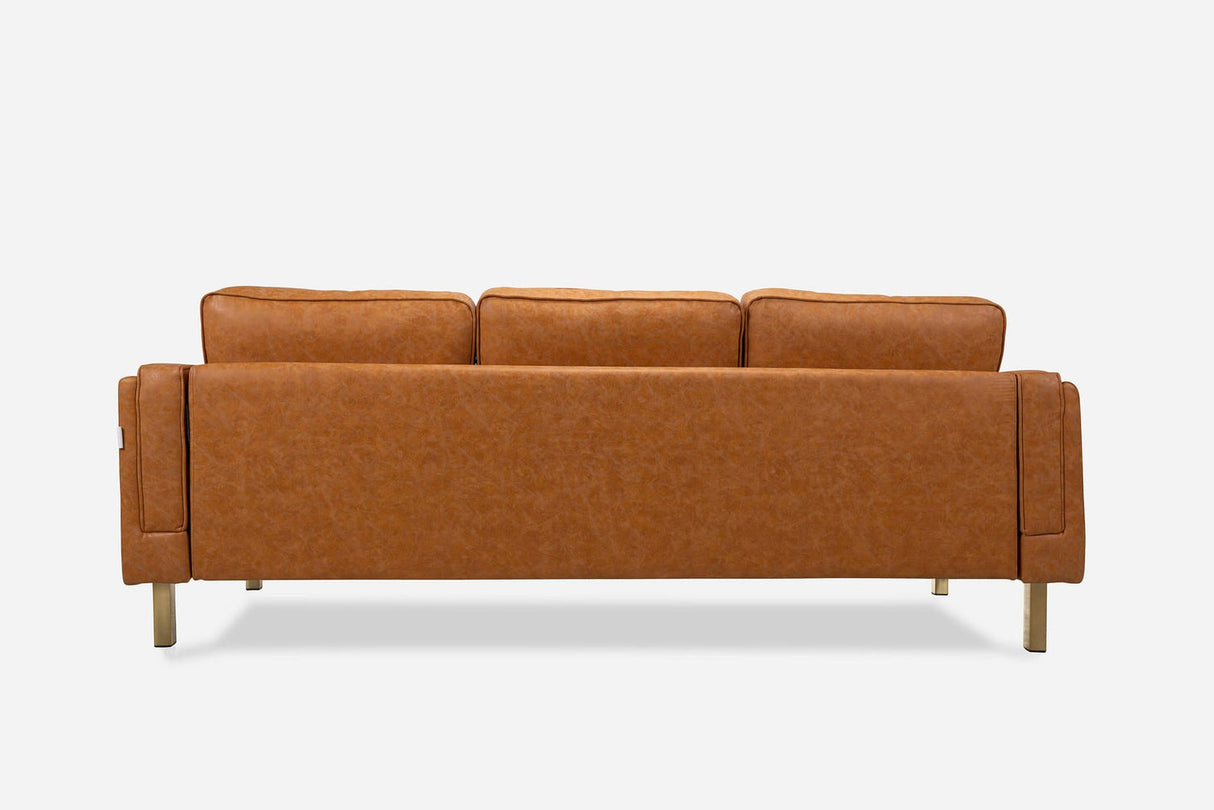 Back view of an Albany Sofa (Vegan Leather) in brown, featuring three cushions and standing on four wooden legs against a plain white background.
