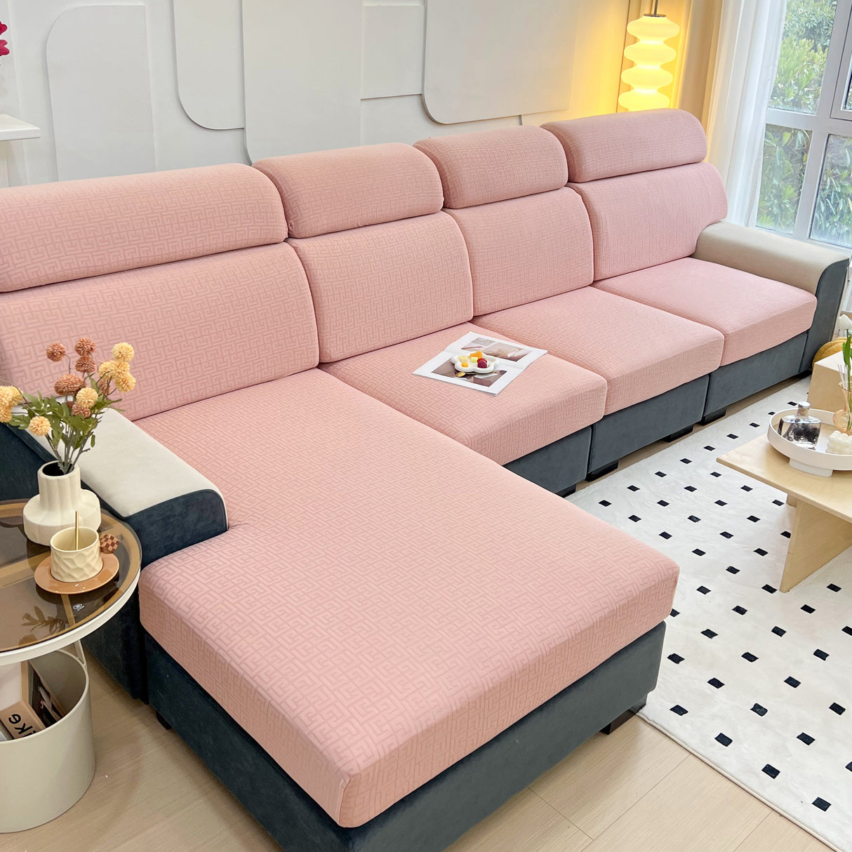 Vedic Chant Jacquard Fleece Fabric Stretch Cushion Cover, Non-Slip Furniture Protector for Kids, Chaise Lounge Cushion Covers