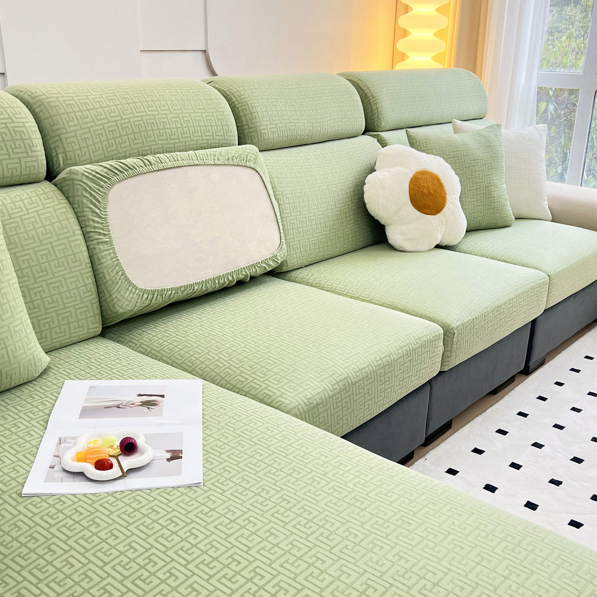 Vedic Chant Jacquard Fleece Fabric Stretch Cushion Cover, Non-Slip Furniture Protector for Kids, Chaise Lounge Cushion Covers