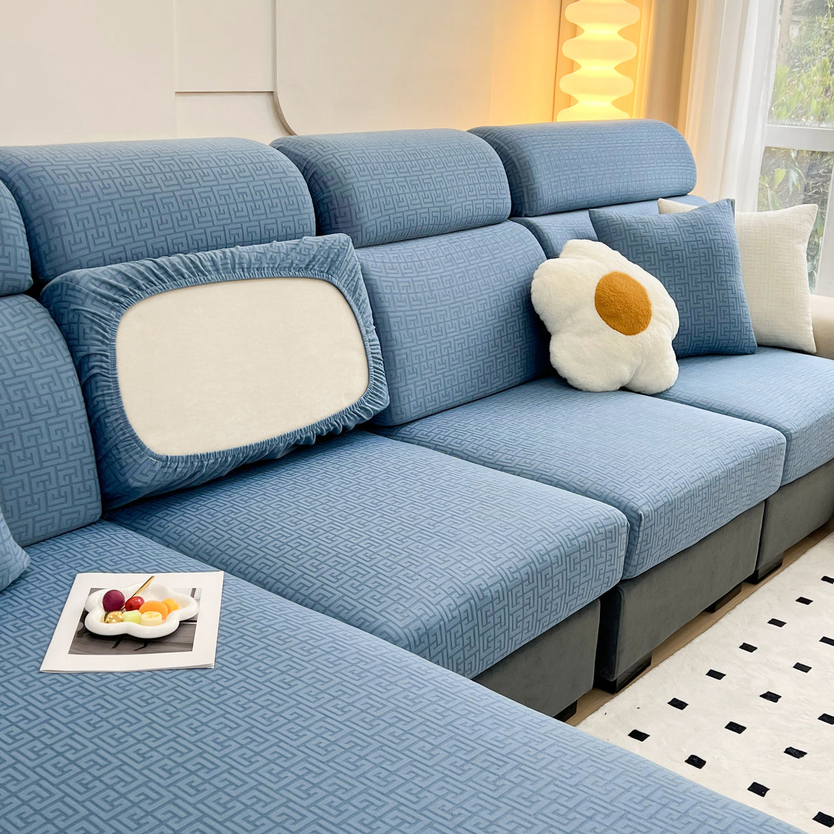 Vedic Chant Jacquard Fleece Fabric Stretch Cushion Cover, Non-Slip Furniture Protector for Kids, Chaise Lounge Cushion Covers