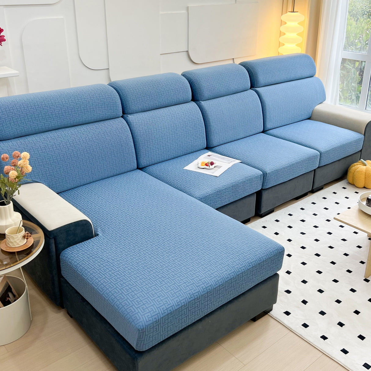 Vedic Chant Jacquard Fleece Fabric Stretch Cushion Cover, Non-Slip Furniture Protector for Kids, Chaise Lounge Cushion Covers