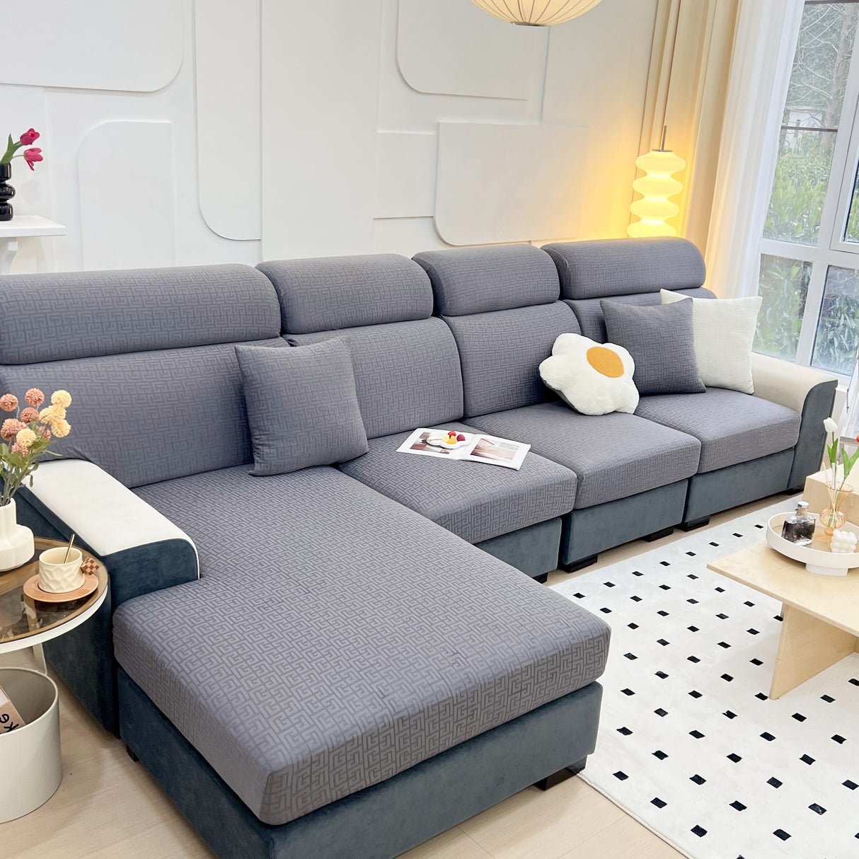 Vedic Chant Jacquard Fleece Fabric Stretch Cushion Cover, Non-Slip Furniture Protector for Kids, Chaise Lounge Cushion Covers