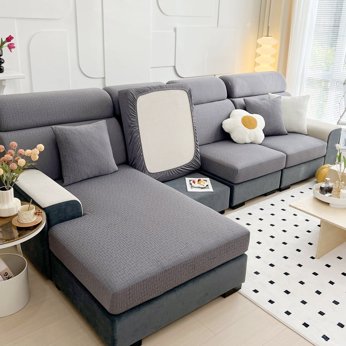 Vedic Chant Jacquard Fleece Fabric Stretch Cushion Cover, Non-Slip Furniture Protector for Kids, Chaise Lounge Cushion Covers