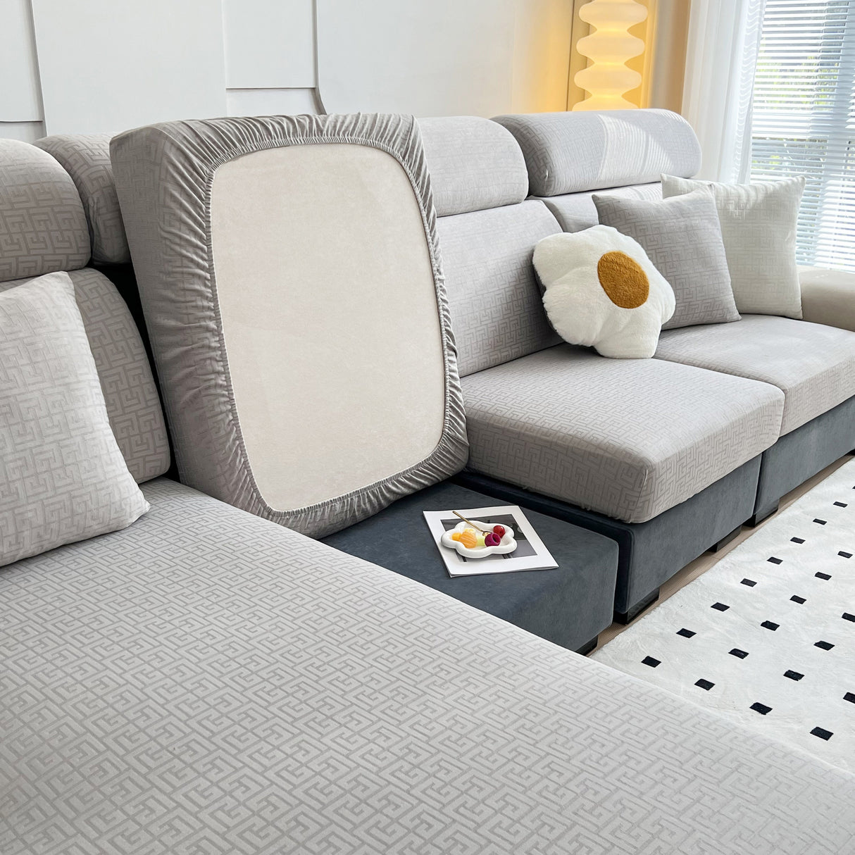 Vedic Chant Jacquard Fleece Fabric Stretch Cushion Cover, Non-Slip Furniture Protector for Kids, Chaise Lounge Cushion Covers