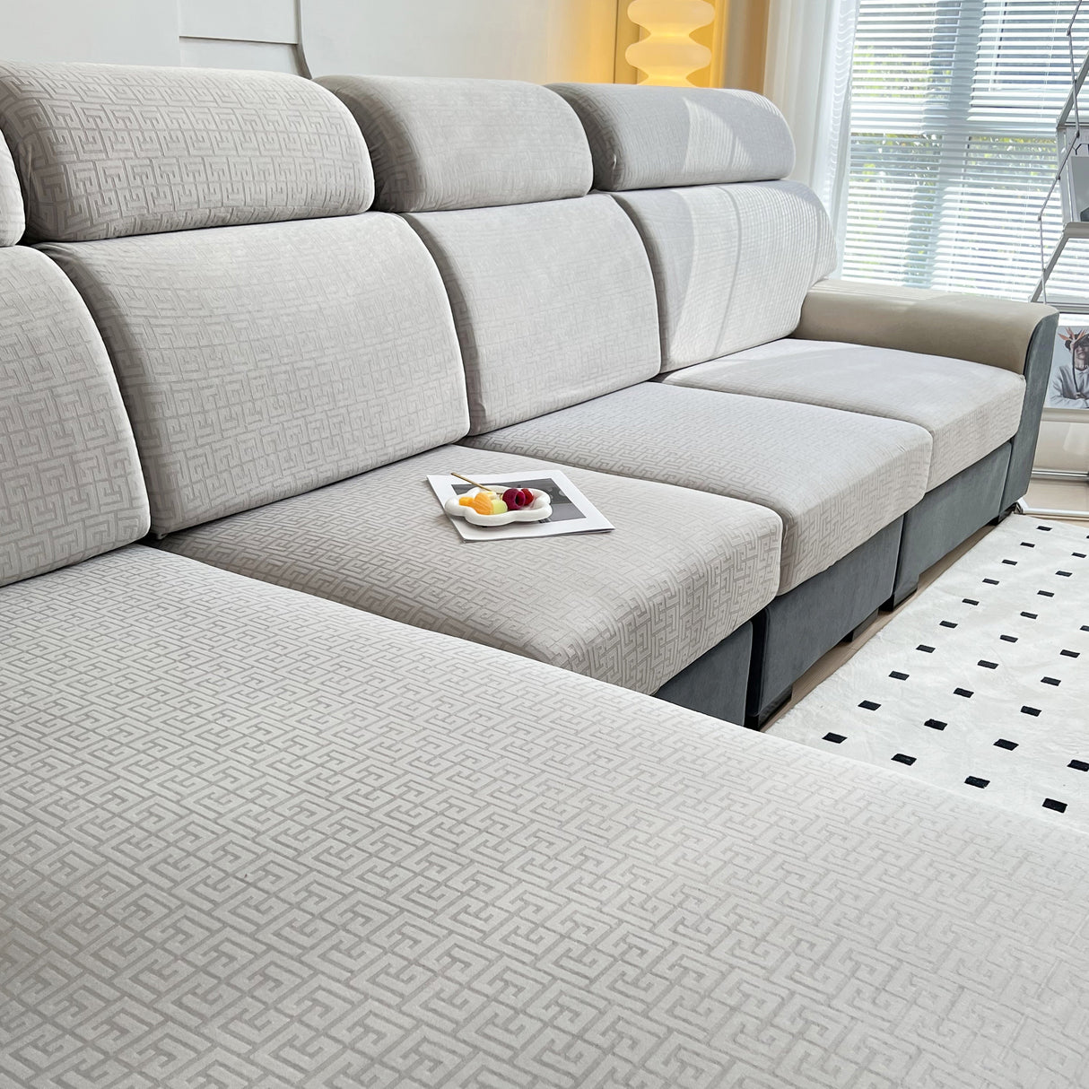 Vedic Chant Jacquard Fleece Fabric Stretch Cushion Cover, Non-Slip Furniture Protector for Kids, Chaise Lounge Cushion Covers