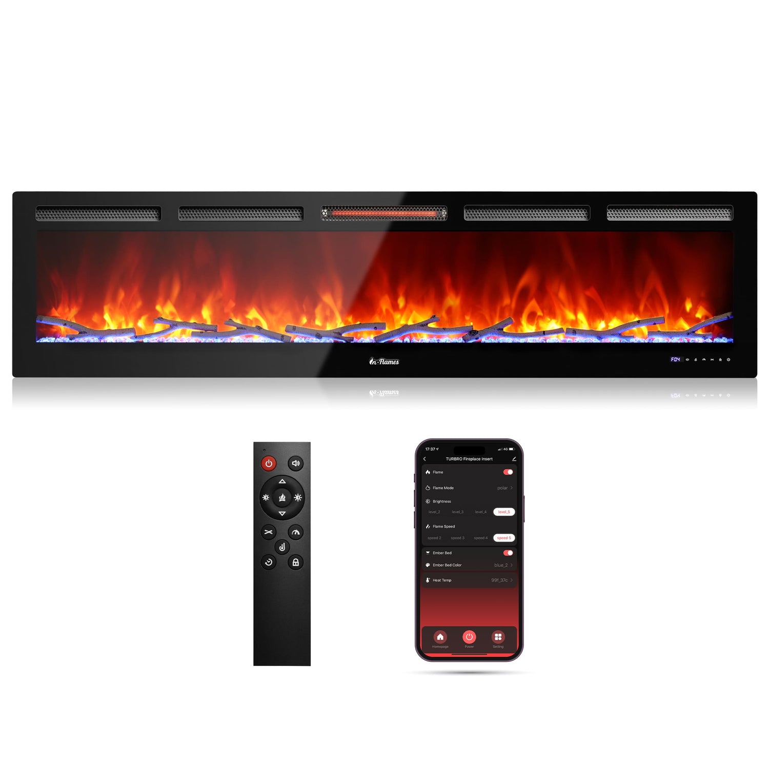 In Flames INF72W-3D WiFi Smart Wall Mounted Electric Fireplace - Tempered Glass