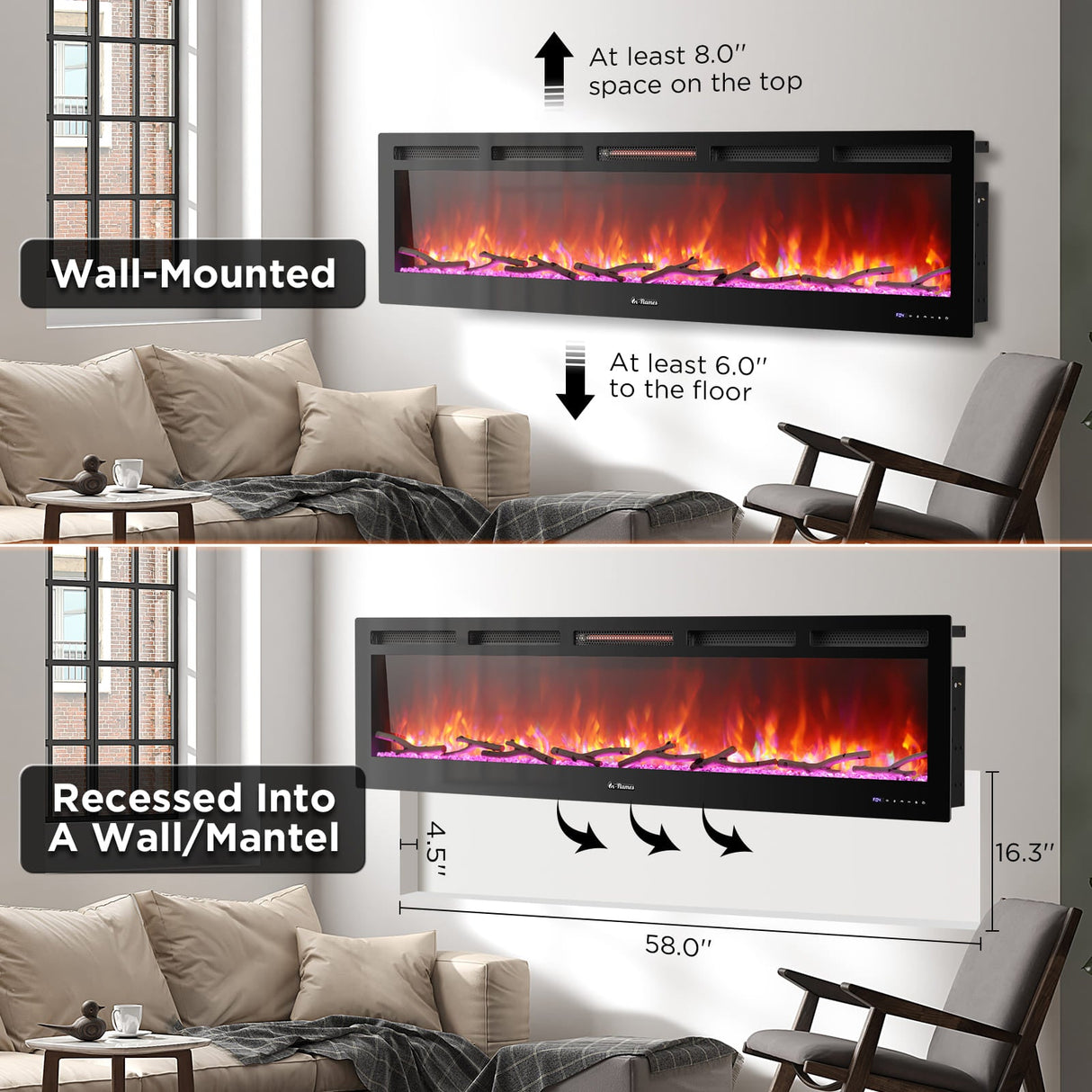 In Flames INF72W-3D WiFi Smart Wall Mounted Electric Fireplace - Tempered Glass