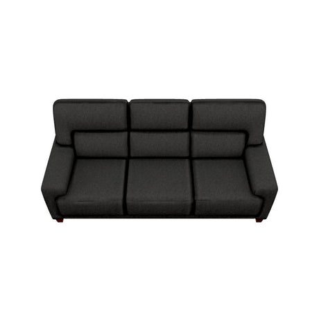 A top view of the Draper Sofa, a modern three-seater with plush backrests and armrests in dark gray, set against a plain white background.