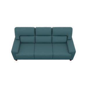 A top-down view of the Draper Sofa, a teal three-seater with a modern design, featuring three distinct backrest cushions and armrests on each side.