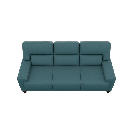 A top-down view of the Draper Sofa, a teal three-seater with a modern design, featuring three distinct backrest cushions and armrests on each side.
