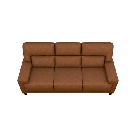 Top view of the Draper Sofa, a brown three-seater with a sleek design and cushioned backrests, placed against a white background.