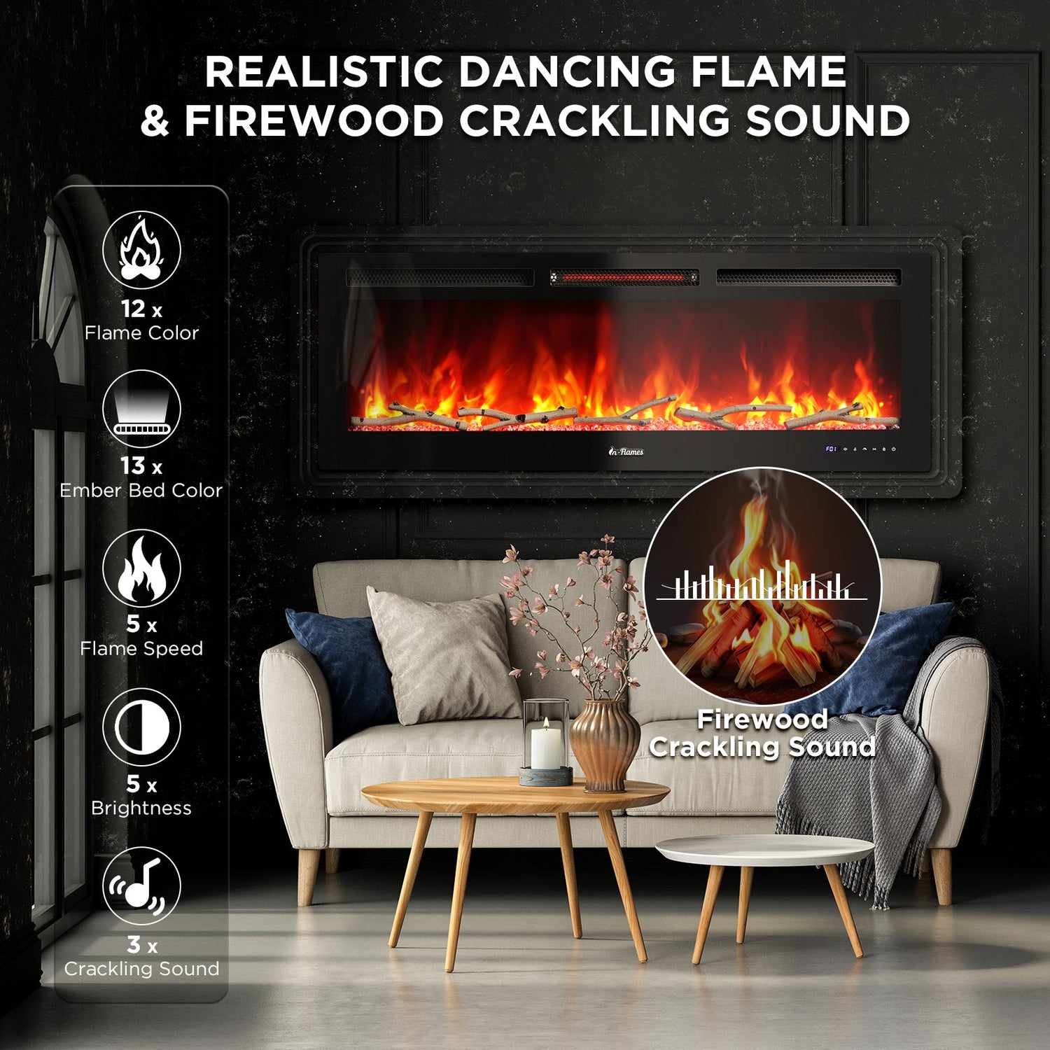 In Flames INF50W-3D WiFi Smart Wall Mounted Electric Fireplace - Tempered Glass