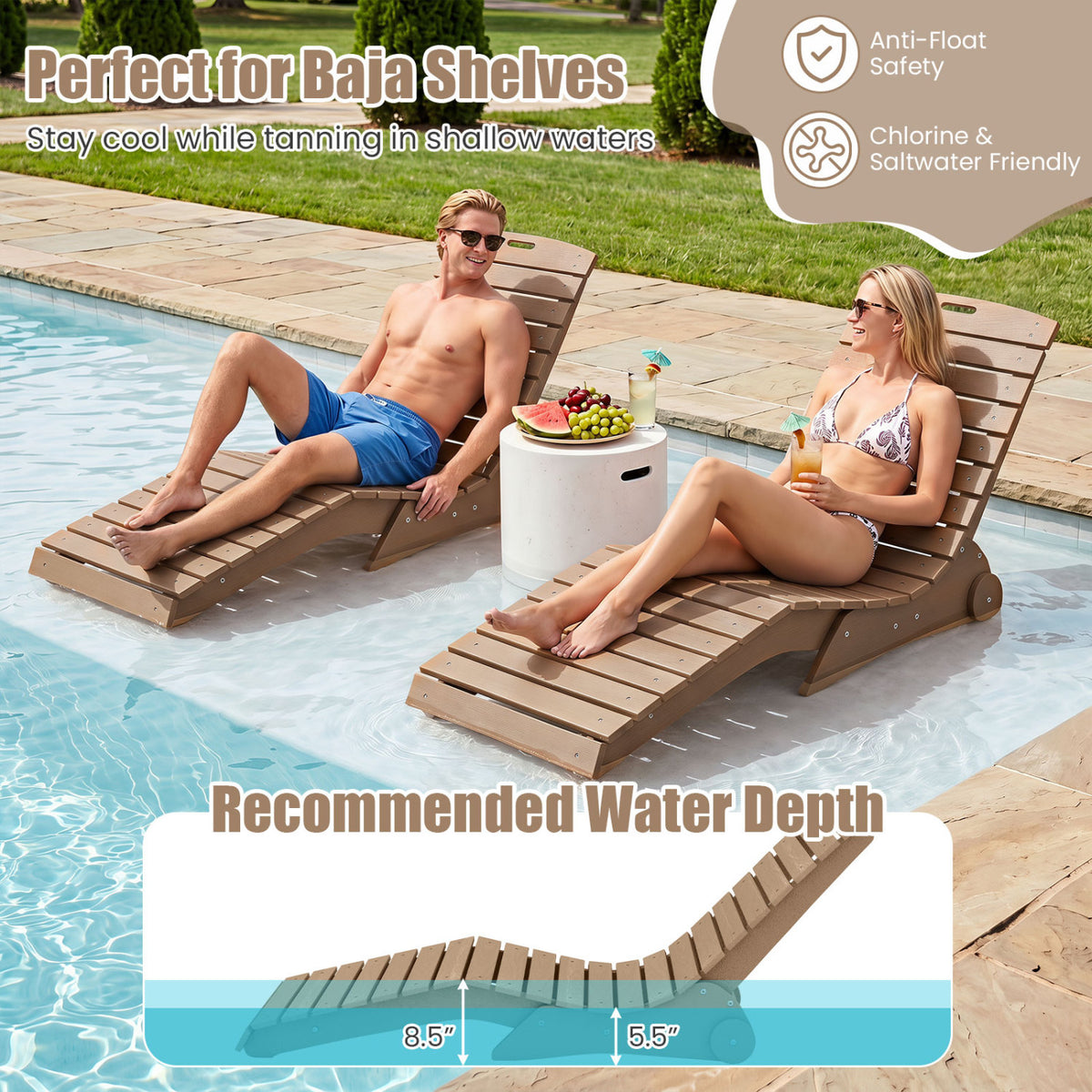 In-Pool Lounge Chair with Weighted Anti-Floating Design 450 LBS for Baja Shelf-Brown