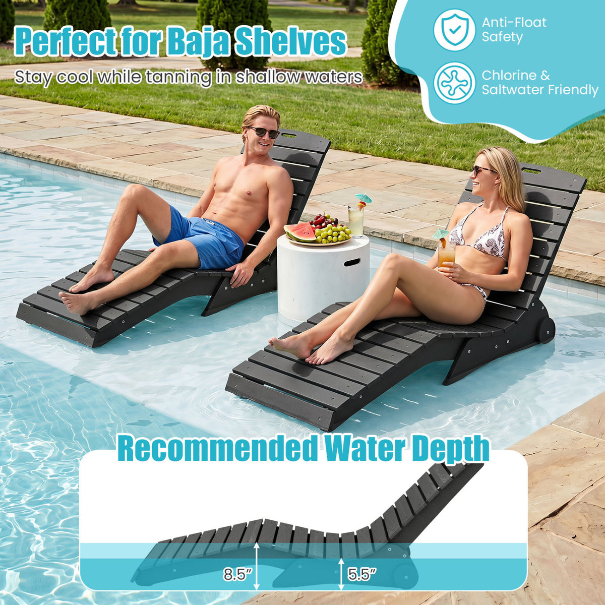 In-Pool Lounge Chair with Weighted Anti-Floating Design 450 LBS for Baja Shelf-Dark Gray
