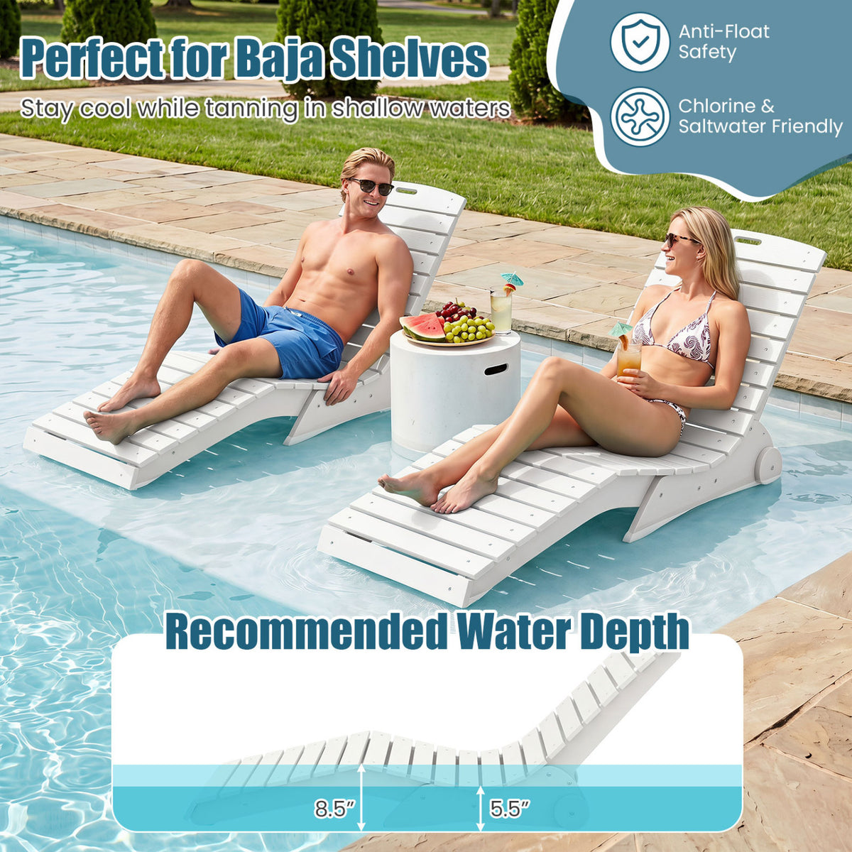 In-Pool Lounge Chair with Weighted Anti-Floating Design 450 LBS for Baja Shelf-White