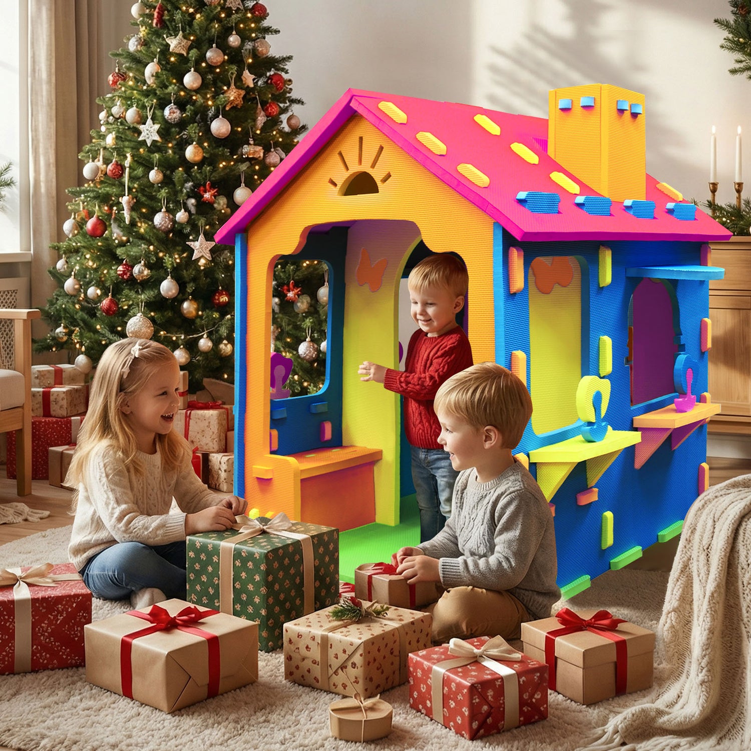 Indoor Cottage Playset with Roof and Chimney for Creative Play-Multicolor