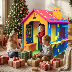 Indoor Cottage Playset with Roof and Chimney for Creative Play-Multicolor