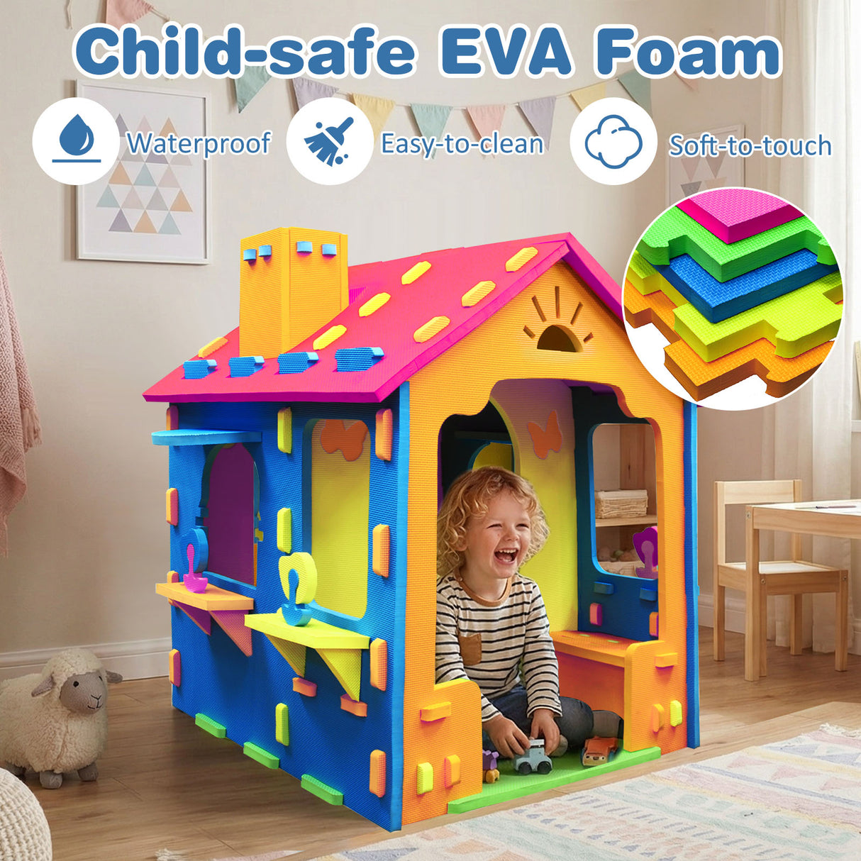 Indoor Cottage Playset with Roof and Chimney for Creative Play-Multicolor