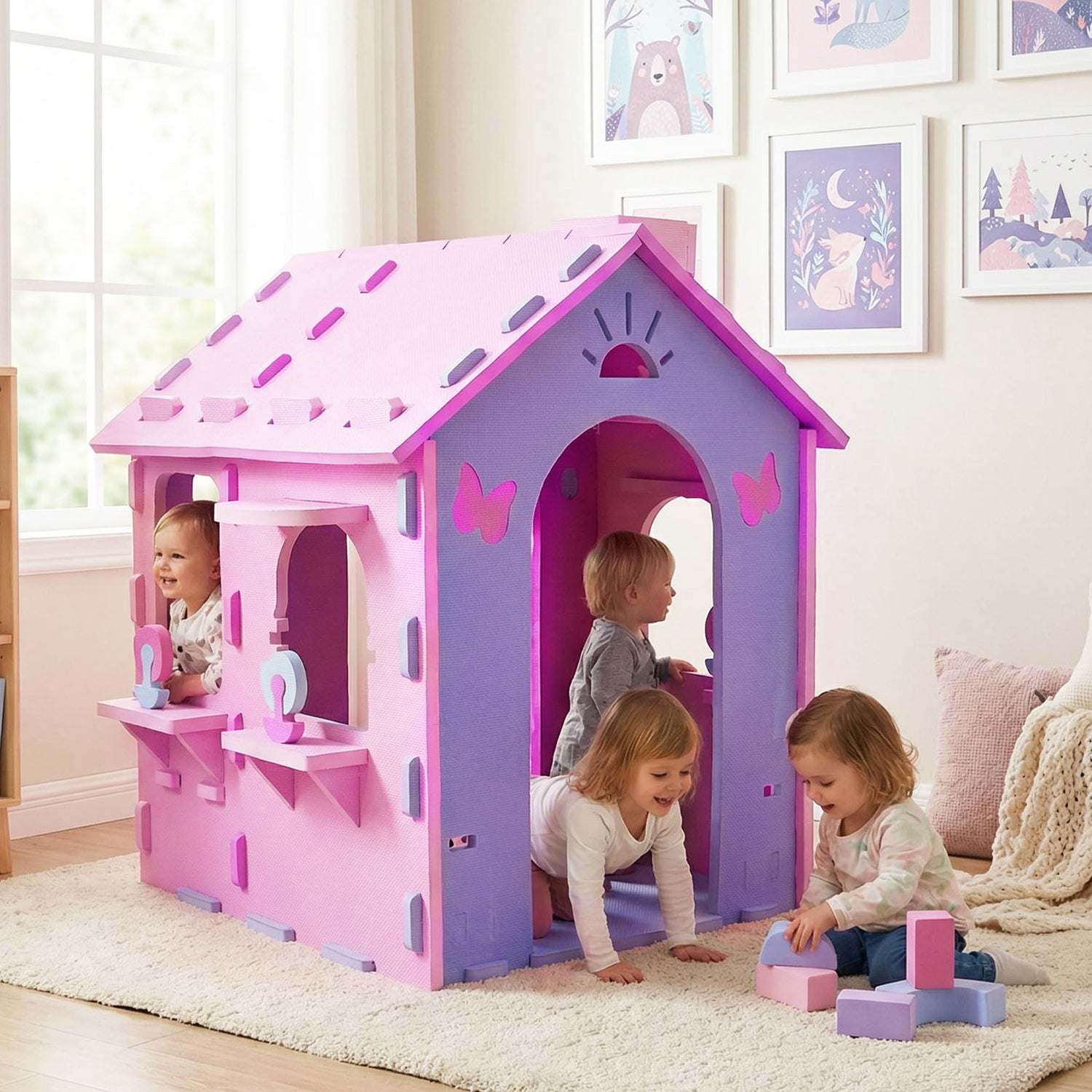 Indoor Cottage Playset with Roof and Chimney for Creative Play-Pink & Purple
