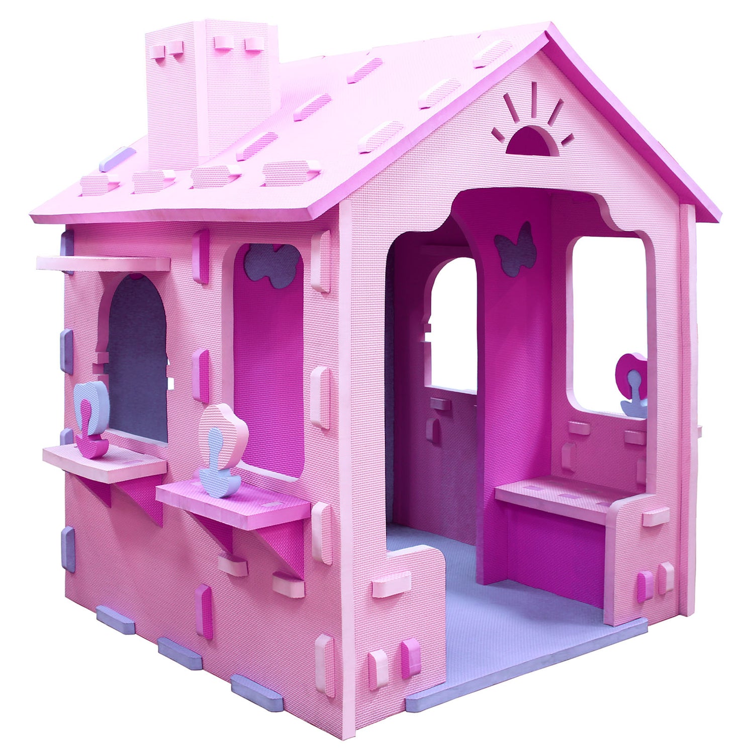 Indoor Cottage Playset with Roof and Chimney for Creative Play-Pink & Purple