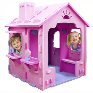 Indoor Cottage Playset with Roof and Chimney for Creative Play-Pink & Purple
