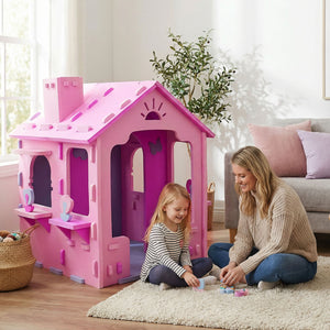 Indoor Cottage Playset with Roof and Chimney for Creative Play-Pink & Purple