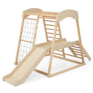 6-in-1 Indoor Jungle Gym Kids Wooden Playground with Monkey Bars-Natural