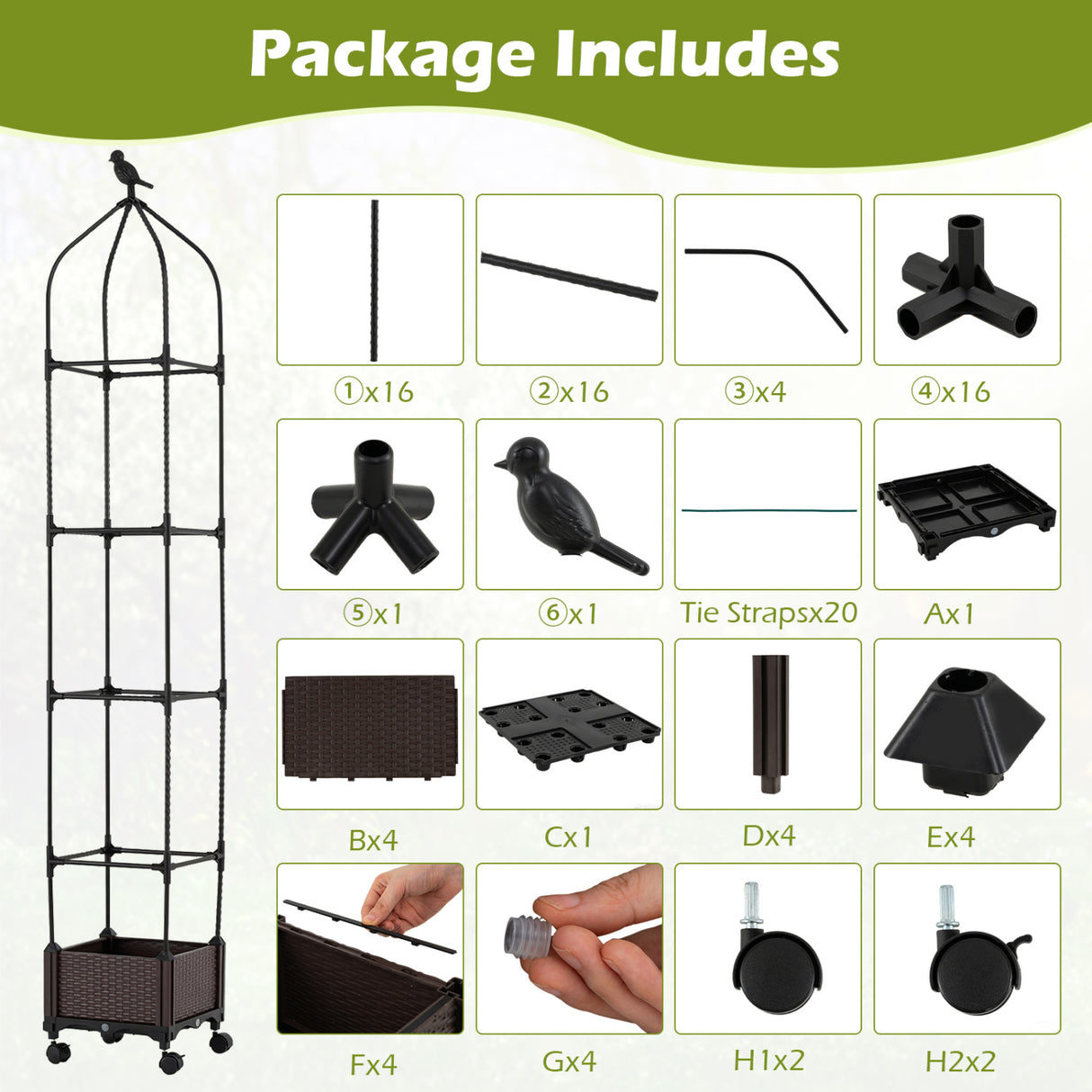 Indoor Outdoor Raised Garden Bed with Trellis and Self-Drainage and Wheels-Black