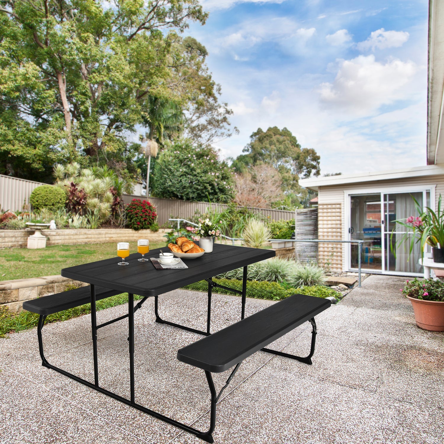 Indoor and Outdoor Folding Picnic Table Bench Set with Wood-like Texture-Black