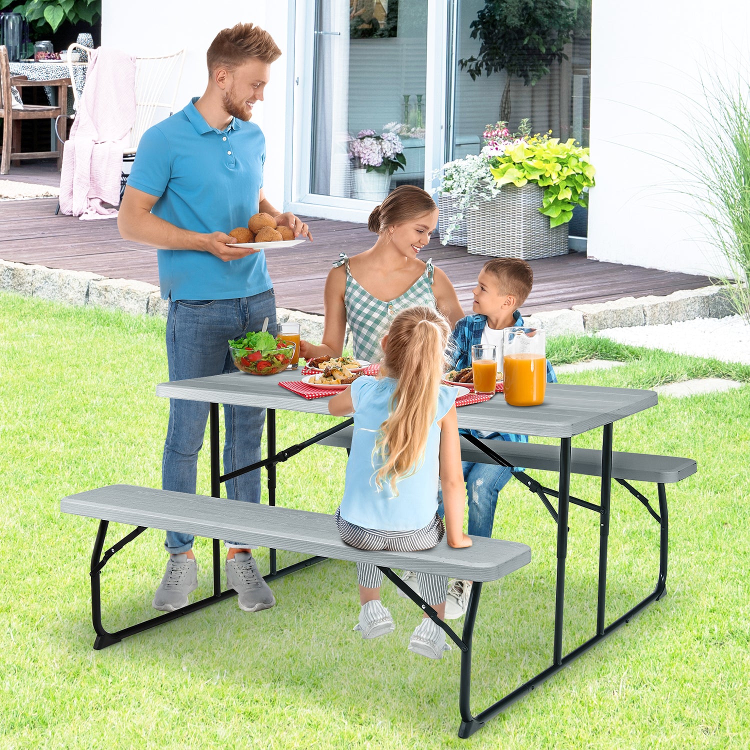 Indoor and Outdoor Folding Picnic Table Bench Set with Wood-like Texture-White