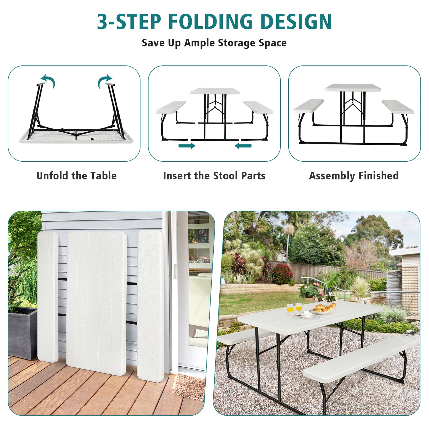 Indoor and Outdoor Folding Picnic Table Bench Set with Wood-like Texture-White