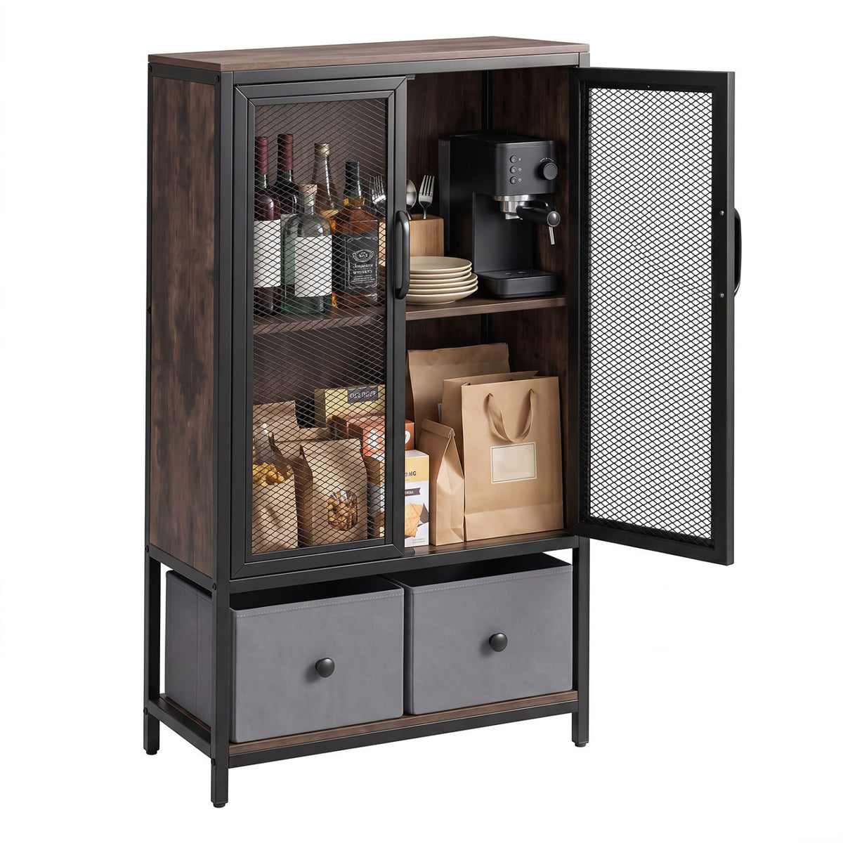 Industrial Coffee Bar Cabinet with 2-Tier Storage Compartment-Rustic Brown