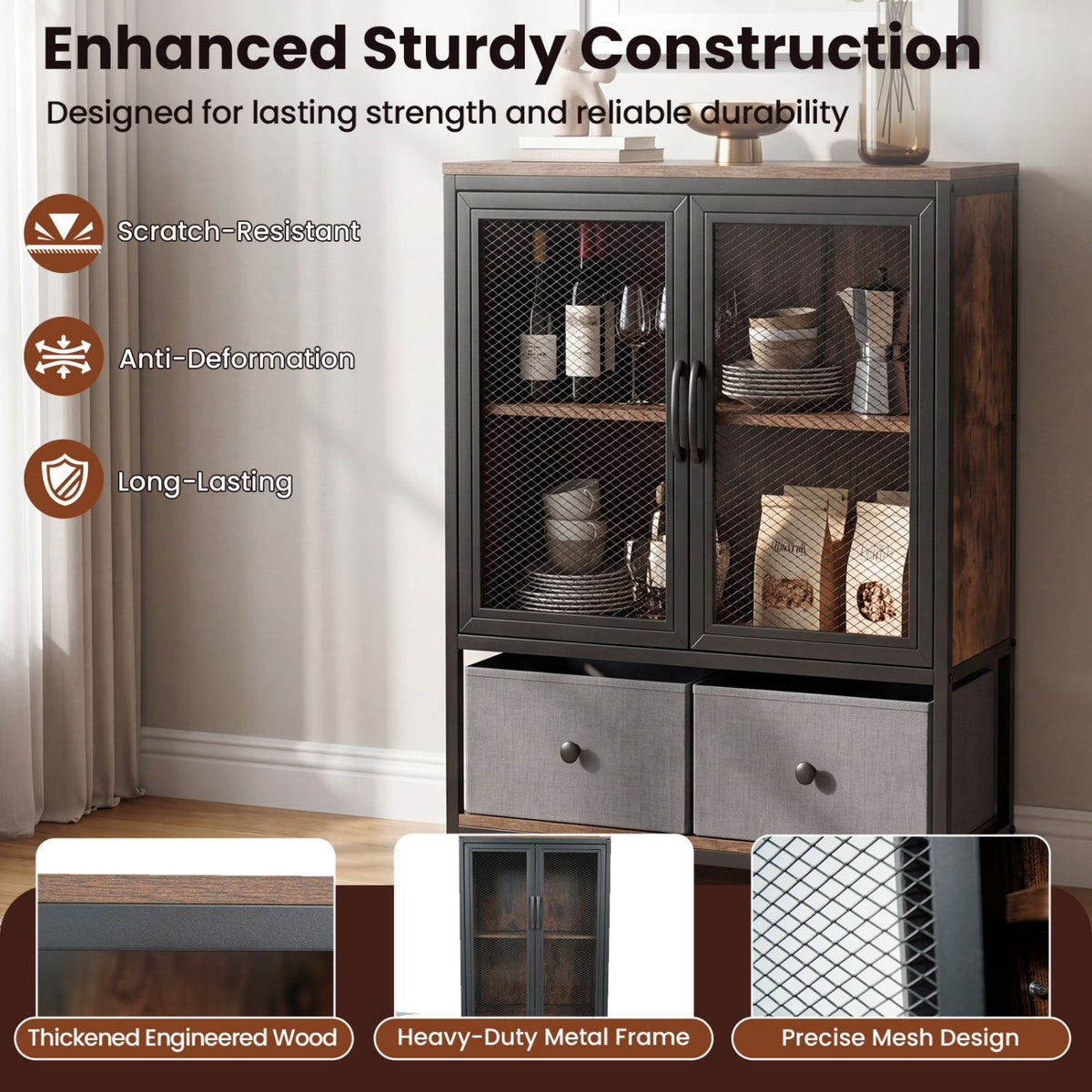 Industrial Coffee Bar Cabinet with 2-Tier Storage Compartment-Rustic Brown