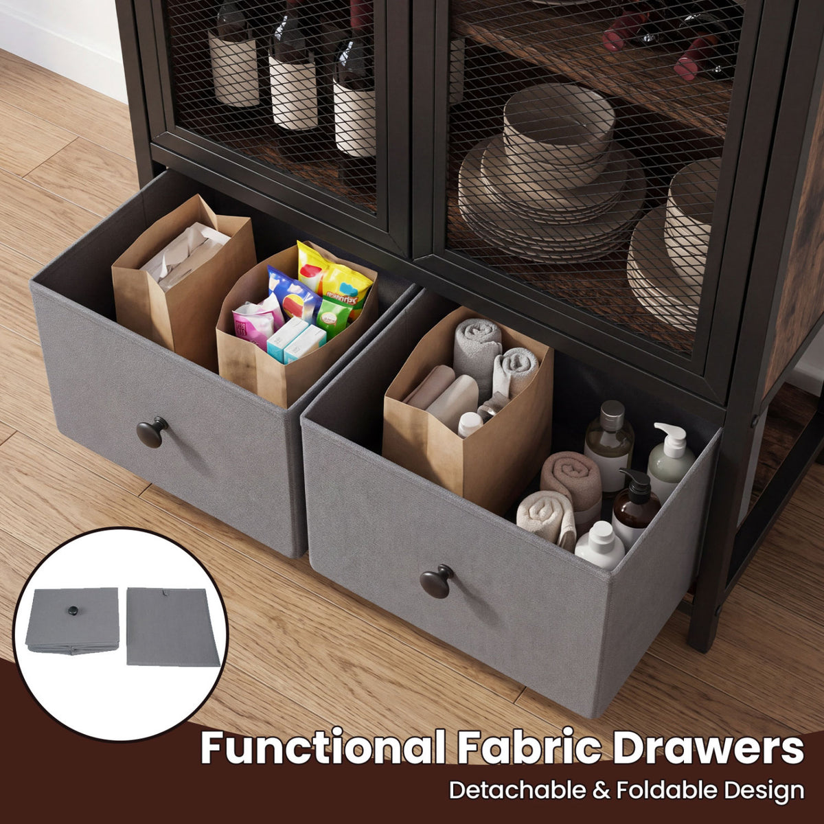 Industrial Coffee Bar Cabinet with 2-Tier Storage Compartment-Rustic Brown
