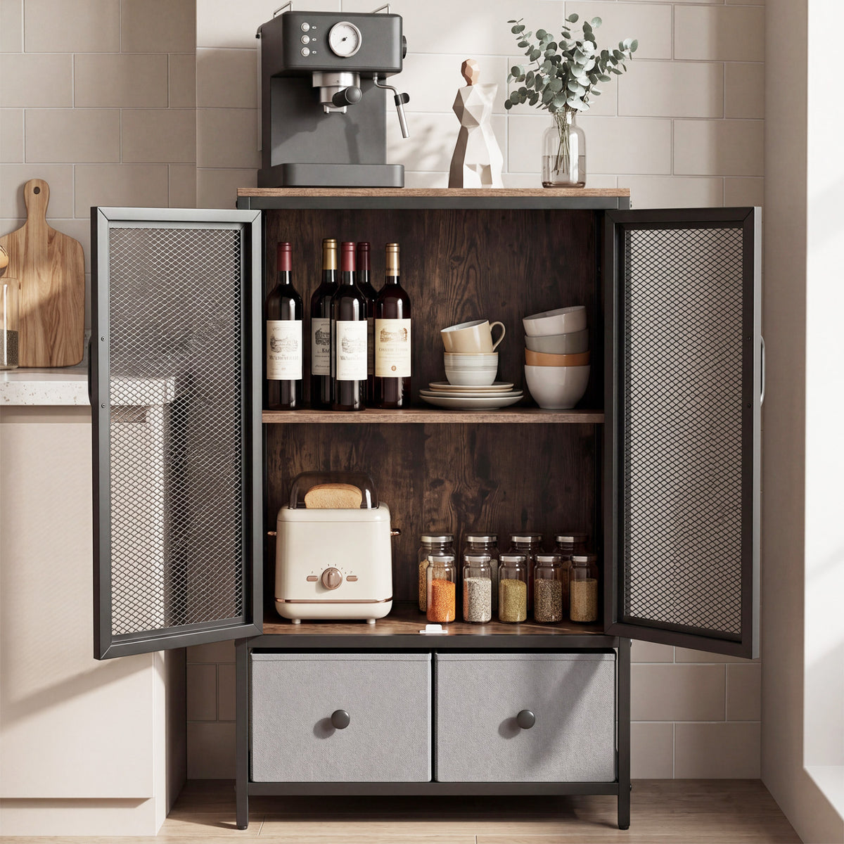 Industrial Coffee Bar Cabinet with 2-Tier Storage Compartment-Rustic Brown