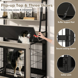 Industrial Dog Kennel Dog Crate Furniture with Storage Shelves-Gray