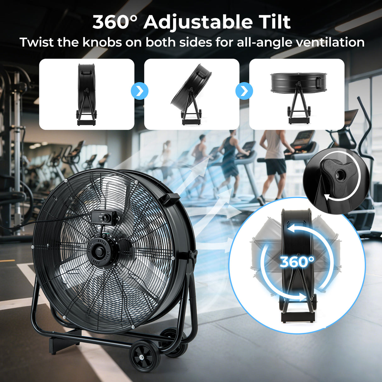 Industrial Drum Fan with 2 Wheels and 360-Degree Adjustable Tilt-Black