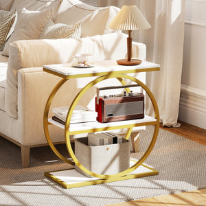 Industrial Faux Marble Side Table with Metal Frame for Living Room Bedroom-White