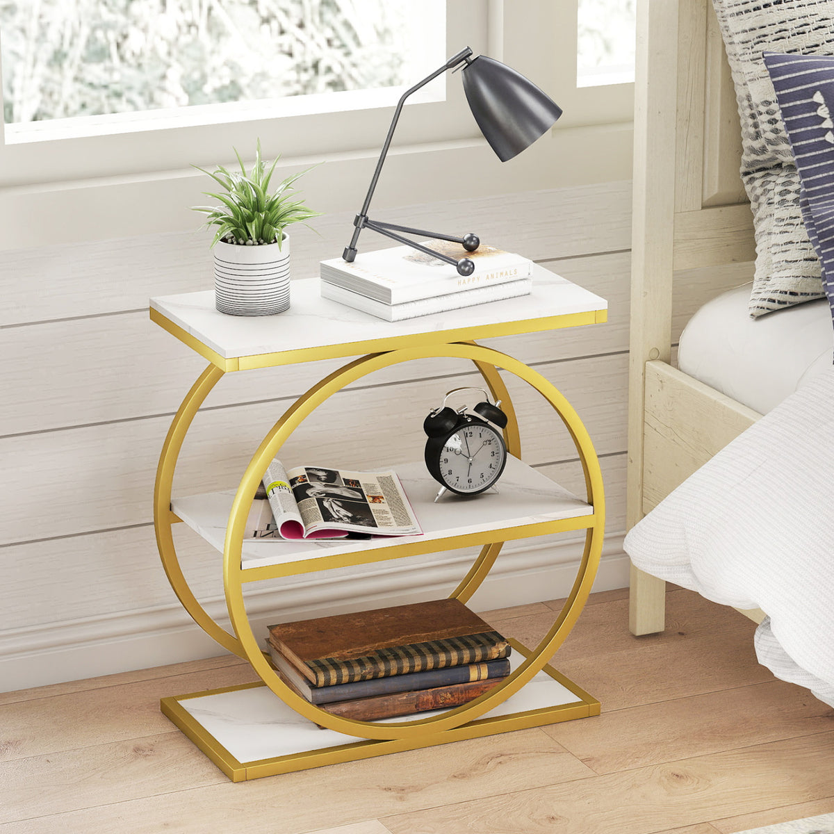 Industrial Faux Marble Side Table with Metal Frame for Living Room Bedroom-White
