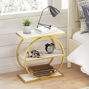 Industrial Faux Marble Side Table with Metal Frame for Living Room Bedroom-White