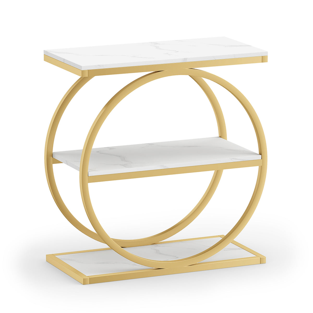 Industrial Faux Marble Side Table with Metal Frame for Living Room Bedroom-White