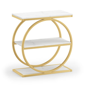 Industrial Faux Marble Side Table with Metal Frame for Living Room Bedroom-White