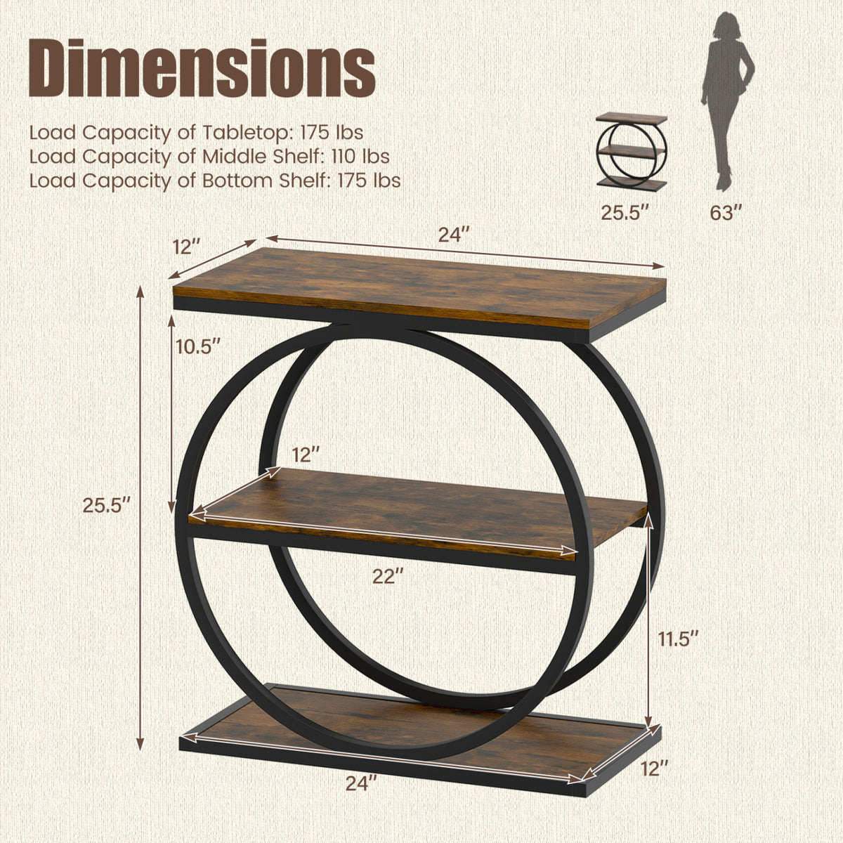 Industrial Faux Marble Side Table with Metal Frame for Living Room Bedroom-Rustic Brown