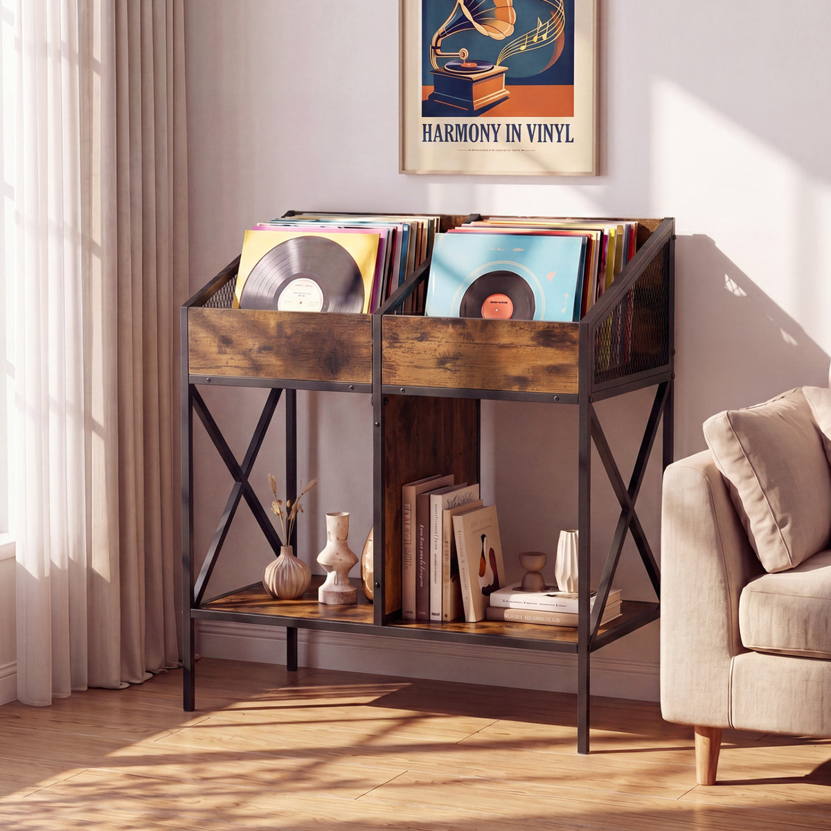 Industrial Magazine Books Record Holder with Metal Frame and Anti-tip Kits-Rustic Brown